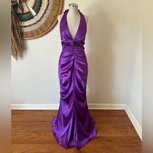 Vintage Y2K Morgan & Co Evening Gown Purple Deep V Ruching Prom Satin Woman's 6